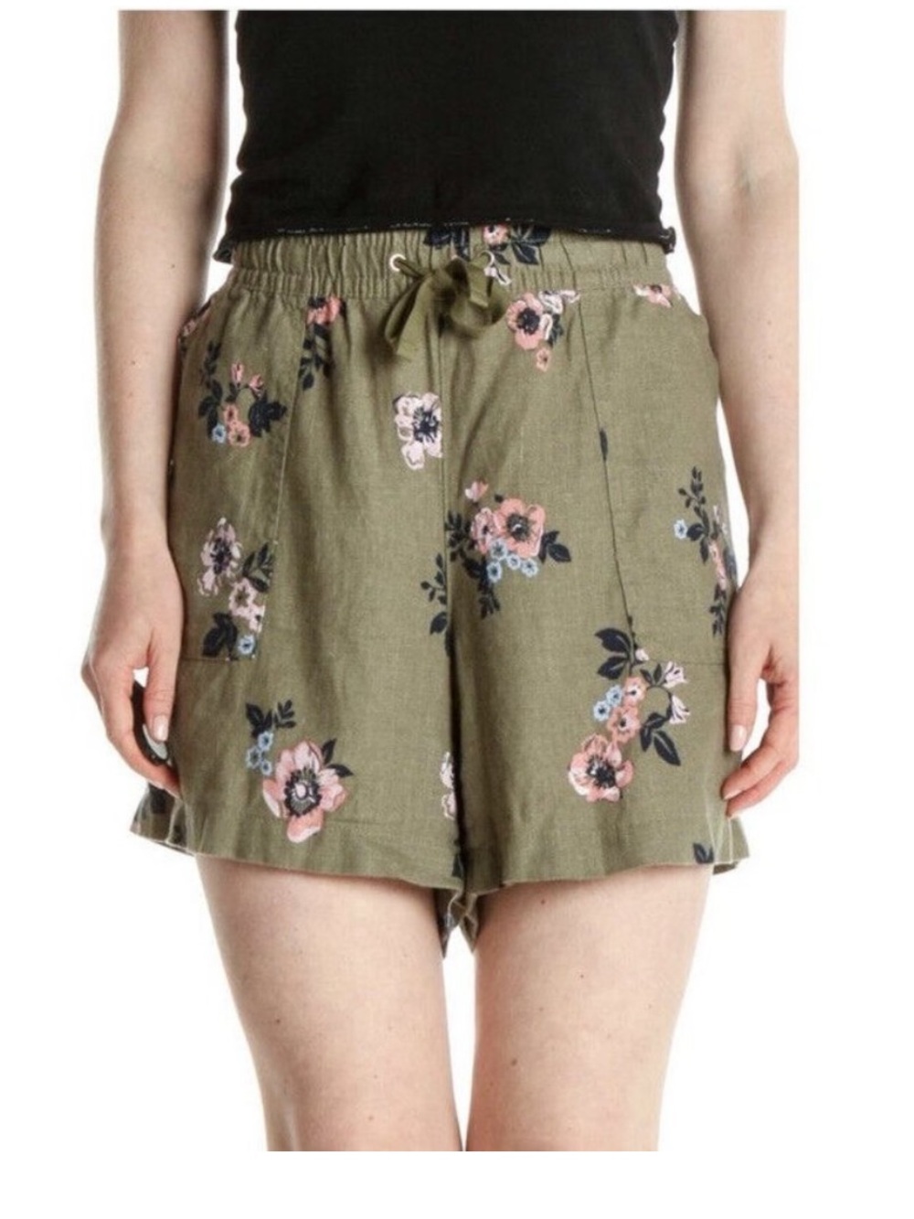 Nautica Women’s Small Floral Linen Blend Pull-On Shorts Olive Green